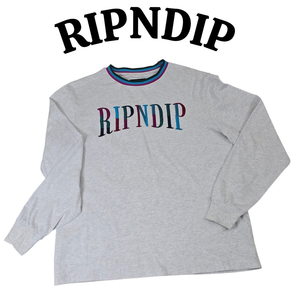 RIPNDIP Grey Long Sleeve T-Shirt Rainbow Logo‎ Trim Size S